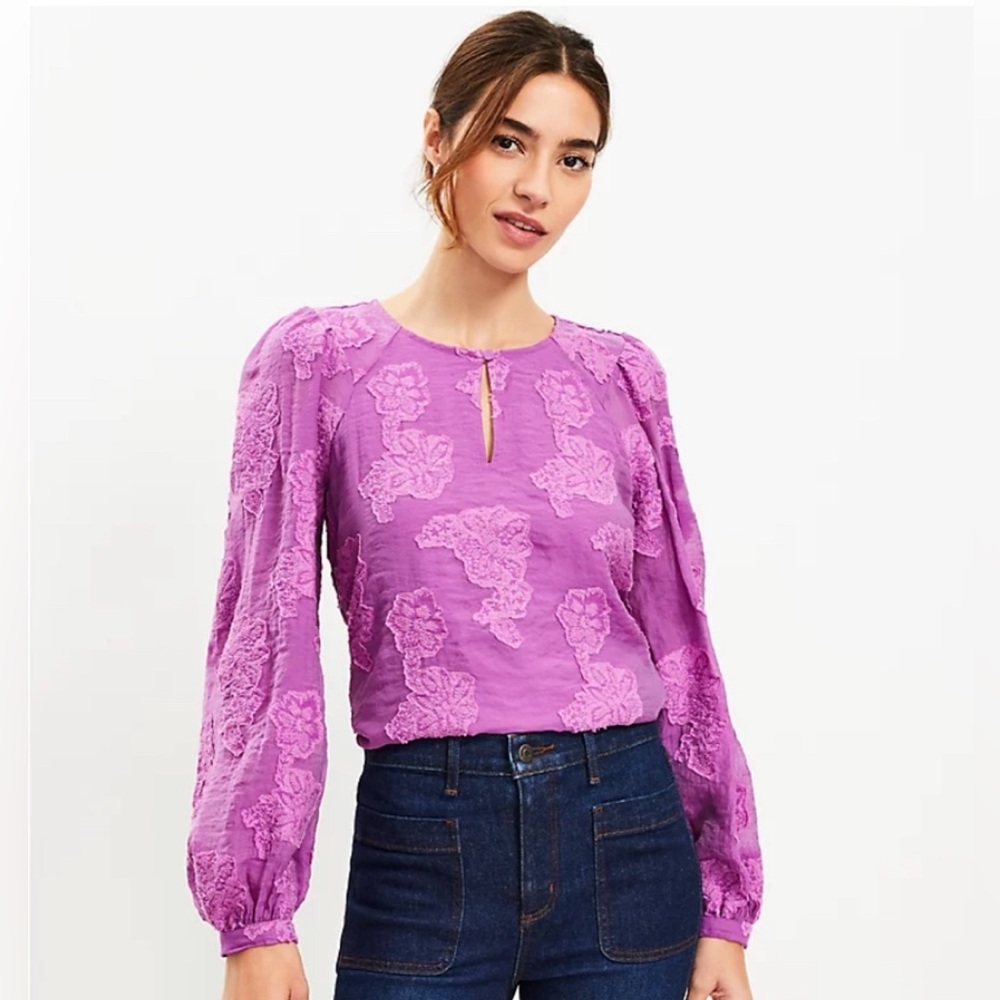LOFT Purple Jacquard Floral Blouse